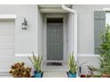 Inviting front entrance with a gray door and potted plants at 133 Hickory Course Circle, Ocala, FL 34472