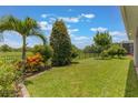 Spacious backyard featuring a lush lawn, black metal fence, mature trees and a palm tree at 15424 Sweet Orange Ave, Winter Garden, FL 34787