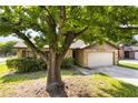 Charming single-story home with a stone facade, two-car garage, and mature tree in the front yard at 6835 Massa Ct, Orlando, FL 32810