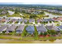 Aerial view of home with screened pool and water view in a neighborhood at 2440 Pawtucket Pass, Mount Dora, FL 32757