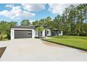 Contemporary home with a spacious driveway and manicured lawn, set against a backdrop of lush trees at 42157 Tamarac St, Eustis, FL 32736