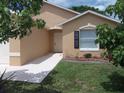 Charming home with a front door, manicured lawn, complemented by dark shutters on a bright window at 1021 Golfside Ct, Kissimmee, FL 34741