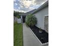 Inviting home entrance with a palm tree, landscaped garden, and a pathway to the front door at 3028 Lakes Crest Ave, St Cloud, FL 34772