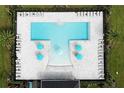 Aerial view of a sparkling community pool with lounge chairs and umbrellas at 2075 Town Pasture Dr, Eustis, FL 32726
