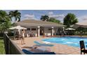 Community pool and amenity center featuring lounge chairs, tables and gathering spaces at 2046 Education St, St Cloud, FL 34771