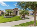 Well-manicured lawn with beautiful landscaping and a paved driveway leading to the garage at 911 Tidal Pond Dr, Groveland, FL 34736