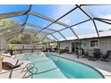 Screened in pool and patio area features plenty of space for outdoor lounging and entertaining around the sparkling water at 2356 Date Palm Dr, Edgewater, FL 32141