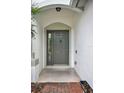 A close up view of a front door with sidelight in a white stucco entrance archway at 6931 Sperone St, Orlando, FL 32819