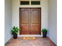 Inviting double front doors with a welcome mat and potted plants, creating a warm entrance to the home at 9979 Winnington St, Orlando, FL 32832