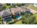 Aerial view of home with a sparkling backyard pool and a fenced in backyard at 7398 Gathering Ct, Reunion, FL 34747