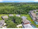Aerial view of the backyard of the home with a screened pool, conservation area, and view of surrounding neighborhood at 2705 Grand Harbour Ct, Kissimmee, FL 34747