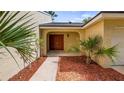 Inviting covered front entrance with double doors, mulch landscaping and nearby palm trees at 7237 Woodville Cres, Orlando, FL 32819