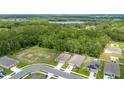 An aerial view shows the home's location surrounded by lush trees and a serene lake, offering privacy at 3984 Mayhill Loop, Eustis, FL 32736