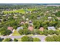 Aerial view of a residential neighborhood with mature trees, lawns, and a nearby pond at 2613 Breezy Meadow Rd, Apopka, FL 32712