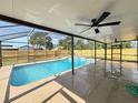 Relaxing backyard pool with a screened-in lanai and fan, perfect for outdoor entertainment at 3055 Kirkland St, Deltona, FL 32738