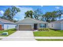Charming single-story home with a well-manicured lawn and a long driveway leading to the two car garage at 3964 Mayhill Loop, Eustis, FL 32736
