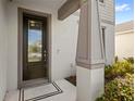 A close-up view showcases a stylish front door with decorative glass, modern hardware, and a charming entryway at 5065 Sparkling Water Way, Kissimmee, FL 34746