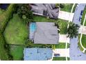 Aerial view of a home with a screened-in pool and well-maintained landscaping in a residential neighborhood at 697 Broadoak Loop, Sanford, FL 32771