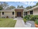 Inviting front entrance with a dark wood door, stone columns, and carefully arranged landscaping at 7838 Sloewood Dr, Mount Dora, FL 32757