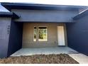 Modern home featuring a brown wood paneled entrance complemented by dark blue stucco walls and a concrete walkway at 4062 Sw 114Th St, Ocala, FL 34476