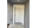 Close up of a classic white front door surrounded by smooth gray stucco at 3 Dogwood Trl, Ocala, FL 34472