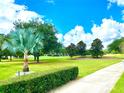 Wide open grassy area with scattered shade trees and a small sidewalk leading to a residential building at 7290 Se 172Nd Legacy Ln, The Villages, FL 32162