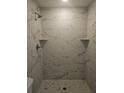 Walk-in shower featuring sleek, modern, floor-to-ceiling marble tile at 15067 Se 61St Ct, Summerfield, FL 34491