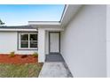 Close-up view of the front door with gray trim, fresh landscaping, and a freshly painted, modern exterior at 13848 Sw 102 St, Dunnellon, FL 34432