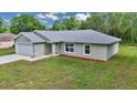 Well-kept single-story home featuring a light-gray exterior, attached garage, and manicured green lawn at 963 Nw 65Th St, Ocala, FL 34475