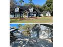 Exterior elevation of home with manicured lawn, mature trees, large driveway, and detached garage with two bays at 6701 Se 99Th Pl, Belleview, FL 34420