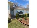 Close-up of the front of this cozy home with a cute blue door and lush green hedges at 3648 Se 31 Terrace Ter, Ocala, FL 34471