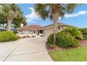 Single-story house with circular driveway, palm trees, and landscaping at 11159 Sw 68Th Ct, Ocala, FL 34476