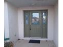 Green front door with sidelights and a decorative glass panel at 9761 Sw 90Th St, Ocala, FL 34481