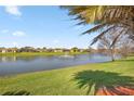 Scenic view of the lake, showcasing lush landscaping, a fountain, and surrounding neighborhood homes at 10138 Lake Miona Way, Oxford, FL 34484