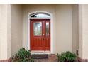 Close-up of a decorative red front door with glass inserts, framed by potted plants and a brick-paved entrance at 9274 Sw 94Th Loop, Ocala, FL 34481