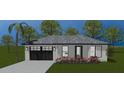 Illustration of a gray, single-story home with black garage door and blooming flowerbeds at 107 Sw Alvarez Rd, Dunnellon, FL 34431