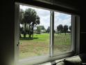 Bright window showing an exterior view of a lush green community lawn with large palm trees at 13686 Sw 111Th Ave, Dunnellon, FL 34432