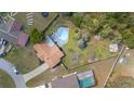 Aerial view of the property, showcasing the house, pool, fenced yard, and surrounding landscape at 6136 Se 37Th Ter, Ocala, FL 34480