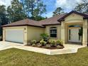 Charming single-story home featuring a well-manicured lawn, fresh landscaping, and an attached two-car garage at 19939 Sw 96Th Pl, Dunnellon, FL 34432