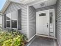 Bright front door with decorative glass and sidelight, complemented by manicured landscaping at 7474 Se 172Nd Fieldcrest St, The Villages, FL 32162
