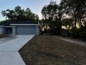 Side view of a single-story home, with two-car garage, minimal landscaping, and long driveway at 203 Locust Pass, Ocala, FL 34472