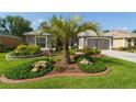 Lush front yard with a palm tree, landscape boulders, and colorful plants and shrubbery at 2008 Palo Alto Ave, The Villages, FL 32159