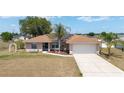 Attractive single-story home with a long driveway, green lawn, and a mature palm tree in the yard at 173 Juniper Way, Ocala, FL 34480