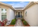 Inviting front entrance with decorative shrubbery and an elegant front door with ornate glass accents at 9452 Sw 93Rd Loop, Ocala, FL 34481