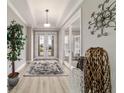Elegant foyer with decorative rug, high ceilings, a large plant, and glass paneled entry doors at 10082 Sw 82Nd Place Rd, Ocala, FL 34481