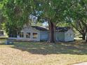 Rear view of light blue home with large tree in the backyard with partially visible water in the distance at 11025 Sw 64Th Ave, Ocala, FL 34476