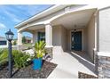Close-up of a welcoming front porch with stone accents, tasteful landscaping, and a stylish, painted front door at 7706 Sw 89Th Ct, Ocala, FL 34481