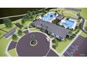 Aerial community view showcasing a club house, swimming pools, manicured landscaping, and ample parking at 8578 Pinecrest Trl, Wildwood, FL 34785