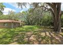 Secluded backyard, shaded by mature trees, surrounds a ranch-style home with a red metal roof at 4010 Sw 7Th Avenue Rd, Ocala, FL 34471