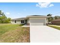 Single-story home with a two-car garage, a well-maintained lawn, and a concrete driveway at 25 Juniper Pass Way, Ocala, FL 34480